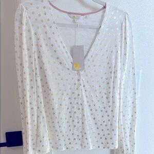 White and Gold Tie Front Blouse